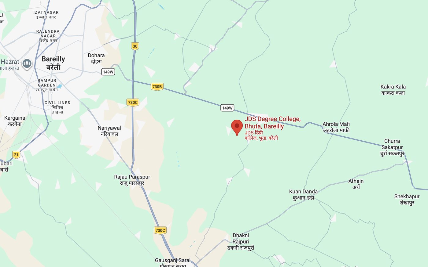 Map showing JDS Degree College at Bhuta, on the Bareilly–Bisalpur road east of Bareilly